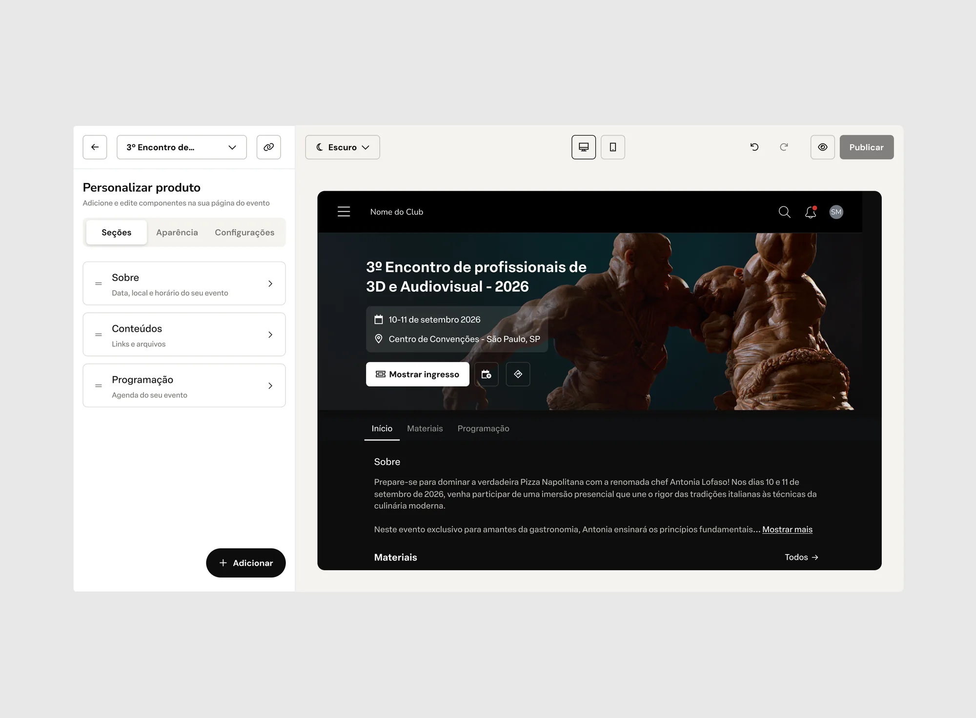 Gestão pelo Creator: editor da página do evento com as seções Sobre, Conteúdos e Programação
