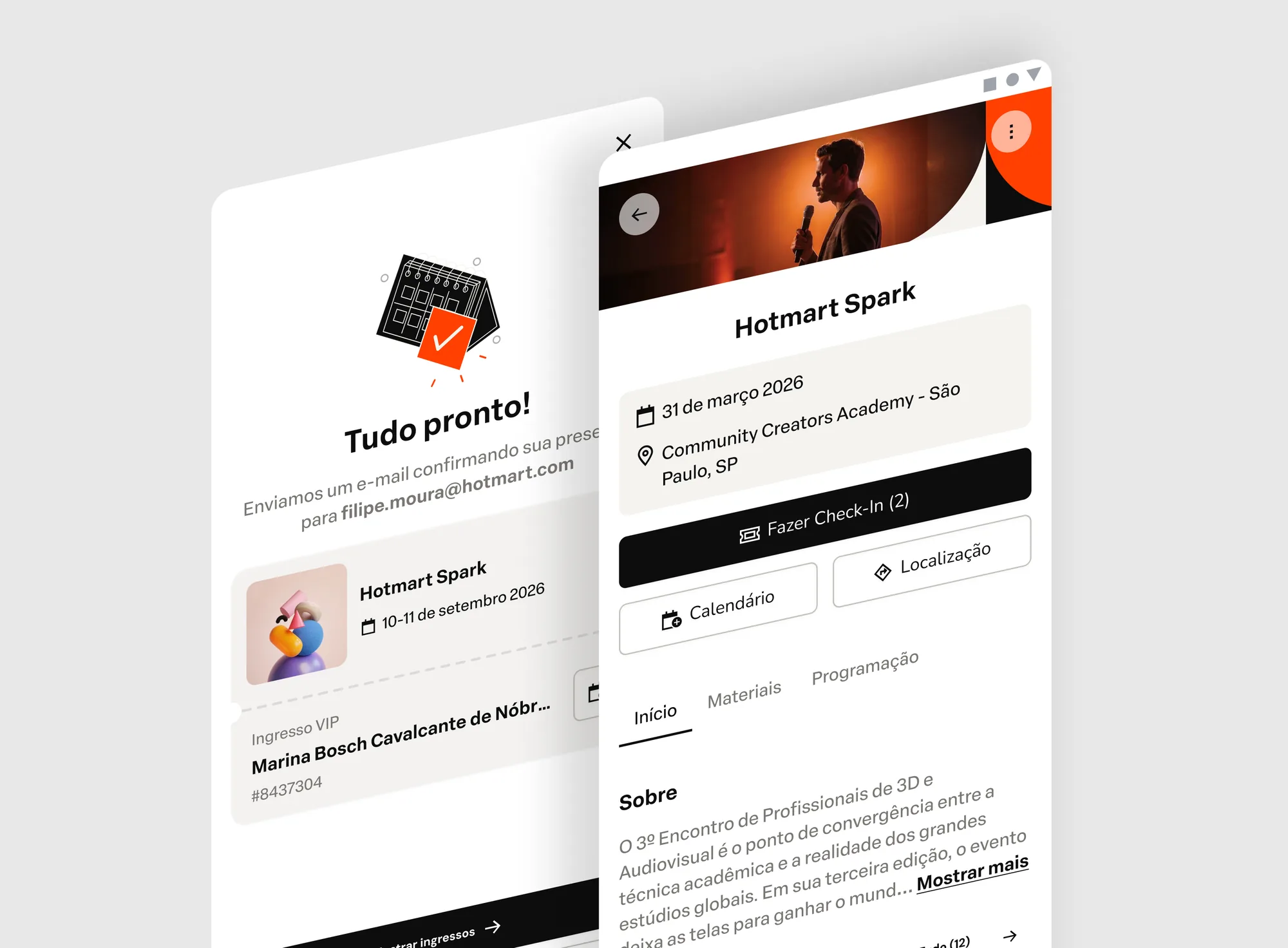 Experiência do participante no app: confirmação do ingresso e página do evento