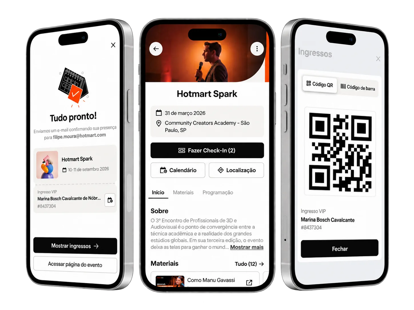 App Hotmart Club: confirmação de ingresso, página do evento e QR Code do ingresso