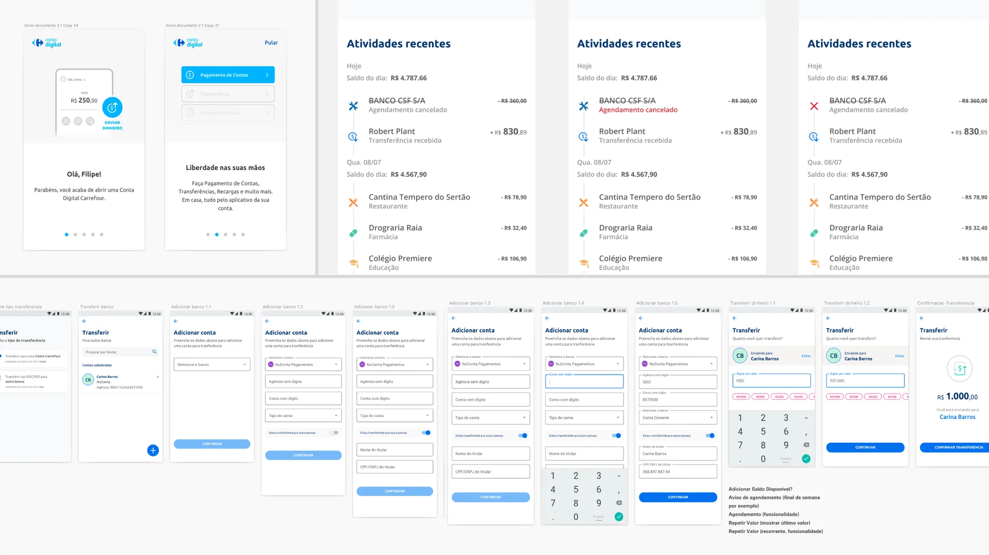 Explorações da solução: onboarding, atividades recentes em variações e o fluxo de adicionar conta e transferir