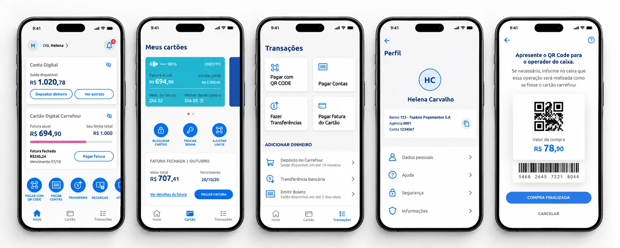 Telas principais do app: Home, Cartões, Transações, Perfil e Pagamento com QR Code